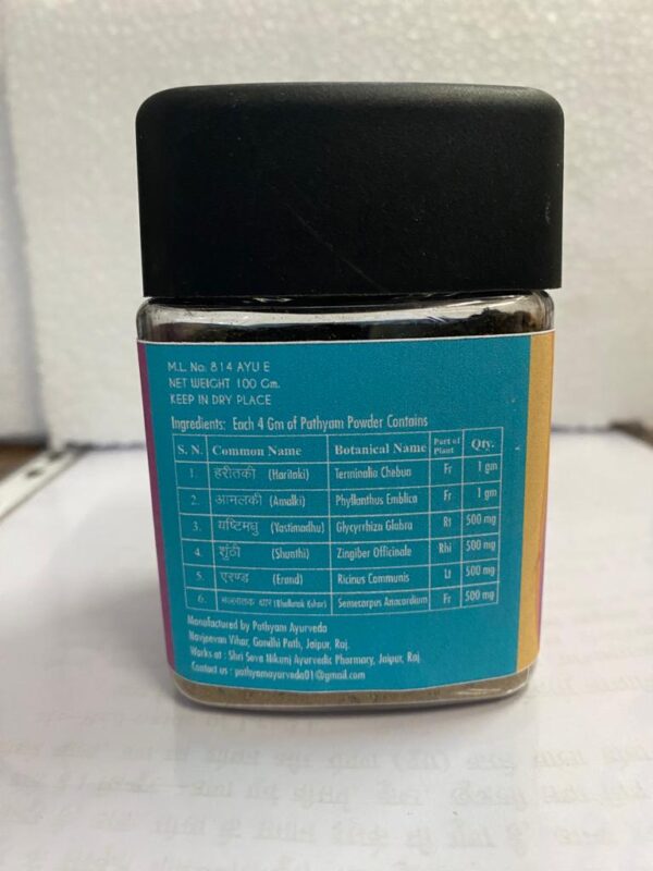 🌿 **Introducing Pathyam Powder: Your Natural Solution for Digestive Health** 🌿 Welcome to Pathyam Ayurveda, your destination for premium products that enhance your well-being. We are thrilled to introduce Pathyam Powder, a remarkable Ayurvedic formulation crafted to address common digestive issues and promote optimal health. With its thoughtfully selected ingredients, this product serves as a natural remedy to relieve constipation, gas, acidity, and cough diseases. Let us delve deeper into the details of Pathyam Powder and discover how it can transform your digestive health. **Product Details:** 📦 Net Weight: 100g 🔒 Storage: Keep in a dry place **Nurtured by Nature: Key Ingredients** 🌿 Pathyam Powder boasts a synergistic blend of natural ingredients, carefully curated for their profound impact on digestive health. Each 4g serving contains a potent combination of: | S. No | Common Name (Hindi) | Botanical Name | Part of Plant Used | Quantity | |-------|---------------------|----------------------|-------------------|----------| | 1. | हरीतकी (Haritaki) | Terminalia Chebula | Fr | 5g | | 2. | आमलकी (Amalki) | Phyllanthus Emblica | Fr | 6g | | 3. | यष्टिमधु (Yastimadhu)| Glycyrrhiza Glabra | Rt | 1g | | 4. | शुंठी (Shunthi) | Zingiber Officinale | Rhi | 500mg | | 5. | एरण्ड (Erand) | Ricinus Communis | Fr | 500mg | | 6. | बेल (Bellotak) | Semecarpus Anacardium| Fr | 500mg | **Manufactured by Pathyam Ayurveda: A Commitment to Excellence** 🌱 Rest assured, Pathyam Powder is meticulously crafted with precision and care at our state-of-the-art facilities. Manufactured by Pathyam Ayurveda in Navjeevan Vihar, Gandhi Path, Jaipur, Rajasthan, our product adheres to the highest standards of quality and purity. **Unlock the Benefits: Elevate Your Digestive Health** 🌟 Pathyam Powder offers a multitude of benefits, working holistically to restore balance and harmony within your digestive system: ✅ Relieve constipation effectively, promoting regular bowel movements. ✅ Find respite from troublesome gas and acidity, fostering comfort. ✅ Alleviate cough diseases, allowing you to breathe easy. ✅ Support overall digestive health, enhancing your well-being from within. **Note: Pathyam Powder - Your Ayurvedic Companion** 🌿 Pathyam Powder is an Ayurvedic patent/proprietary medicine, a testament to its trusted efficacy and safety. At Pathyam Ayurveda, we are committed to your well-being. Embrace the power of Ayurveda and make Pathyam Powder an integral part of your wellness journey. Bid farewell to digestive discomfort and embrace a life brimming with vitality and balance. Your path to digestive health begins here.
